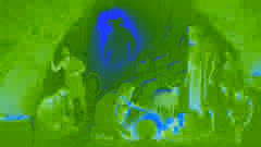 Odysseus und seine Männer betreten die schwach beleuchtete Höhle des Polyphem. Sie bringen Schafe und Proviant mit.