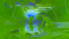 Un anciano aborigen, Gari, se arrodilla junto al río mientras el Bunyip emerge del agua detrás de él.