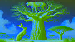El leopardo se sienta en lo alto de un alto baobab, mientras que la liebre lo observa desde abajo, lista con su próximo truco.