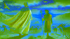 The king walks away from the shepherd at sunset, his cloak flowing in the wind.