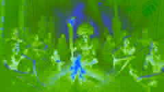 Yanomami shaman performing a spiritual ritual at night with glowing embers and villagers observing.