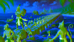 Hanuman weist die Vanaras an, eine Steinbrücke über den Ozean zu bauen, während im Hintergrund Lanka in der Ferne sichtbar ist.