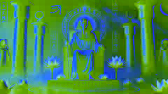 Osiris, sentado en un trono en el más allá, sostiene un cetro y un flagelo, irradiando una autoridad serena.