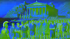 Athenian youths arriving at King Minos's palace in Crete with expressions of fear and uncertainty.