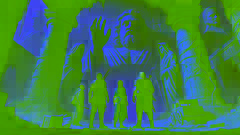 The adventurers stand before an ancient temple entrance, confronted by a shadowy Guardian.