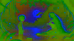 Thiago se queda hipnotizado en la orilla del agua, observando a Yara peinándose el cabello verde sobre una roca a la luz de la luna.