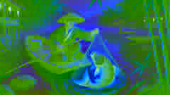 Chen discovers the golden and wooden fish in his net while fishing on a quiet river.