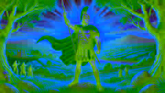 Cú Chulainn de pie, triunfante, simbolizando el heroísmo y la valentía.