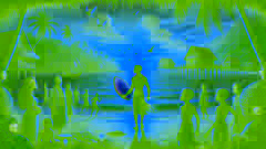 Kai returning to his village at sunset, holding an iridescent scale while villagers gather in admiration.