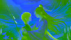 La Princesa del Abanico de Hierro abraza cálidamente a su hijo, el Niño Rojo, en un valle tranquilo, un momento de reconciliación y amor.