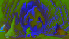 Bahram faces a towering frost giant inside the icy caverns of Alborz, his sword glowing with fiery heat.