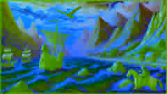 Journey to the Northern Mountains: Liam traveling towards the Northern Mountains with treacherous seas and unpredictable weather. The scene is vibrant with detailed textures, depicting the challenging journey through rugged landscapes.