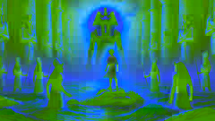 El joven príncipe Khamose se erige valientemente ante Sobek, quien detiene el ritual sacrificial, mientras las aguas del Nilo se agitan con magia.