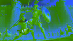 Achilles stürzt auf Hektor zu, außerhalb der Mauern von Troja, während beide Krieger auf eine letzte Konfrontation vorbereitet sind.