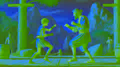 El joven Melankomas practica boxeo con su padre, de fondo, la hermosa región de Caria.