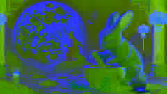 El Conejo de Jade en la luna, trabajando con un mortero y una mano bajo la atenta mirada de Chang'e desde su palacio.