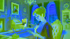 Elizabeth Bennet lendo a carta do Sr. Darcy em uma sala lindamente decorada.