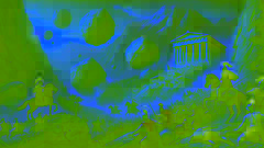 Bloques de piedra caen del Monte Parnaso sobre los invasores persas, mientras el Templo de Apolo permanece protegido al fondo.