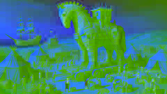 Greek soldiers build the Trojan Horse, focusing intently on the massive wooden structure.