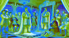 L'empereur entouré de courtisans, admirant ses vêtements invisibles dans un miroir.