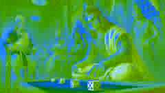 Yudhishthira pierde en el juego de dados en un espléndido tribunal, mientras Shakuni sonríe astutamente y Duryodhana observa con confianza.