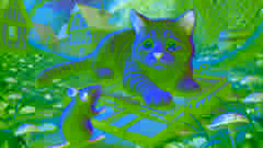 Un chat en détresse, au pelage lisse, piégé dans un piège de chasseur, et une souris courageuse s'approchant pour l'aider.