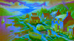 A small Irish village at dawn with Liam O’Gulliver preparing his boat for a journey. The scene is vibrant with detailed textures.