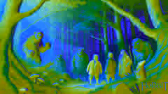 Bilbo y los enanos se encuentran ante tres trolls de piedra, congelados en medio de una discusión, en un denso bosque.