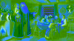 El Fantasma de la Navidad Presente visita a los Cratchit durante su modesta cena de Navidad.