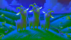 Los tres cabritos Gruff pastan felices juntos en una verde colina bajo un claro cielo azul.