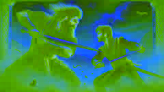 Rostam and Sohrab fiercely dueling in traditional Persian armor on a dusty battlefield.
