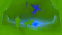 Pegaso asciende como una constelación, mientras un Belerofonte más anciano camina bajo un cielo estrellado al anochecer.