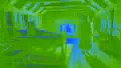 Dentro de una cabaña tenuemente iluminada, la chica se queda en shock al darse cuenta de que la figura en la cama es el hombre-lobo disfrazado.
