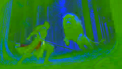 Esfandiyar affrontant un énorme lion dans une forêt dense, brandissant son épée avec détermination.