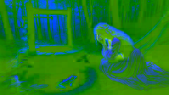 The princess kneels by the well, crying, as the frog emerges from the water.