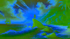Guarionex stands on a cliff at sunrise, holding the glowing amulet, looking out over the calm ocean.