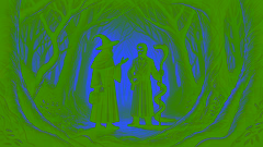 Goodman Brown meets a mysterious stranger with a serpent-like staff in the dark forest, surrounded by shadows.