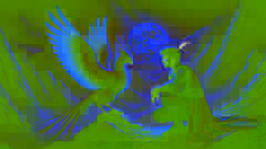 Rostam se consulta con el mítico Simurgh en una montaña iluminada por la luna, buscando orientación.