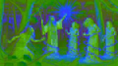 El chamán transforma a las tres hermanas en columnas de piedra en medio de un bosque que se oscurece.