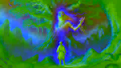 Ein junger Mapuche-Mann träumt von einem leuchtenden Baum und einer Geisterfigur, die in einem nebligen Wald erscheint.