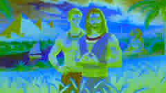 Anpu charges at Bata with a knife in a wheat field, the earth splitting open between them.