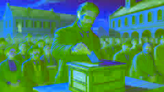 Un hombre saca un papel de la caja de madera negra mientras la tensa multitud observa en silencio.
