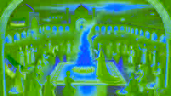 O Rei Jamshid acendendo o fogo sagrado durante o Nowruz, cercado por pessoas celebrando e iluminado por lanternas.