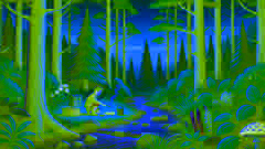 Pi établissant un campement près d'un ruisseau dans la forêt durant sa quête personnelle, entouré de grands arbres et de la faune.