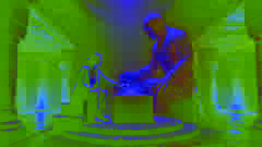 Emma solves an intricate glowing puzzle under the watchful gaze of the guardian in an eerie underground chamber.