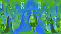 Las botas y la princesa están juntas después de su boda, rodeadas por una multitud jubilosa en un gran salón medieval.