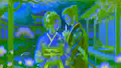 Genji y la dama Fujitsubo intercambian una mirada secreta en un jardín.