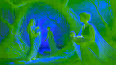 Rea entregando en secreto al bebé Zeus a las ninfas en una isla exuberante, rodeada de árboles, con la luz del sol y el mar de fondo.