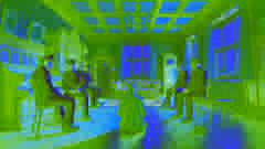 Los policías están sentados en la habitación del anciano, mientras el narrador camina nerviosamente de un lado a otro.