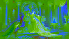 Hera em seu salão com um pavão celestial, planejando sua vingança com pergaminhos e artefatos divinos sobre a mesa.
